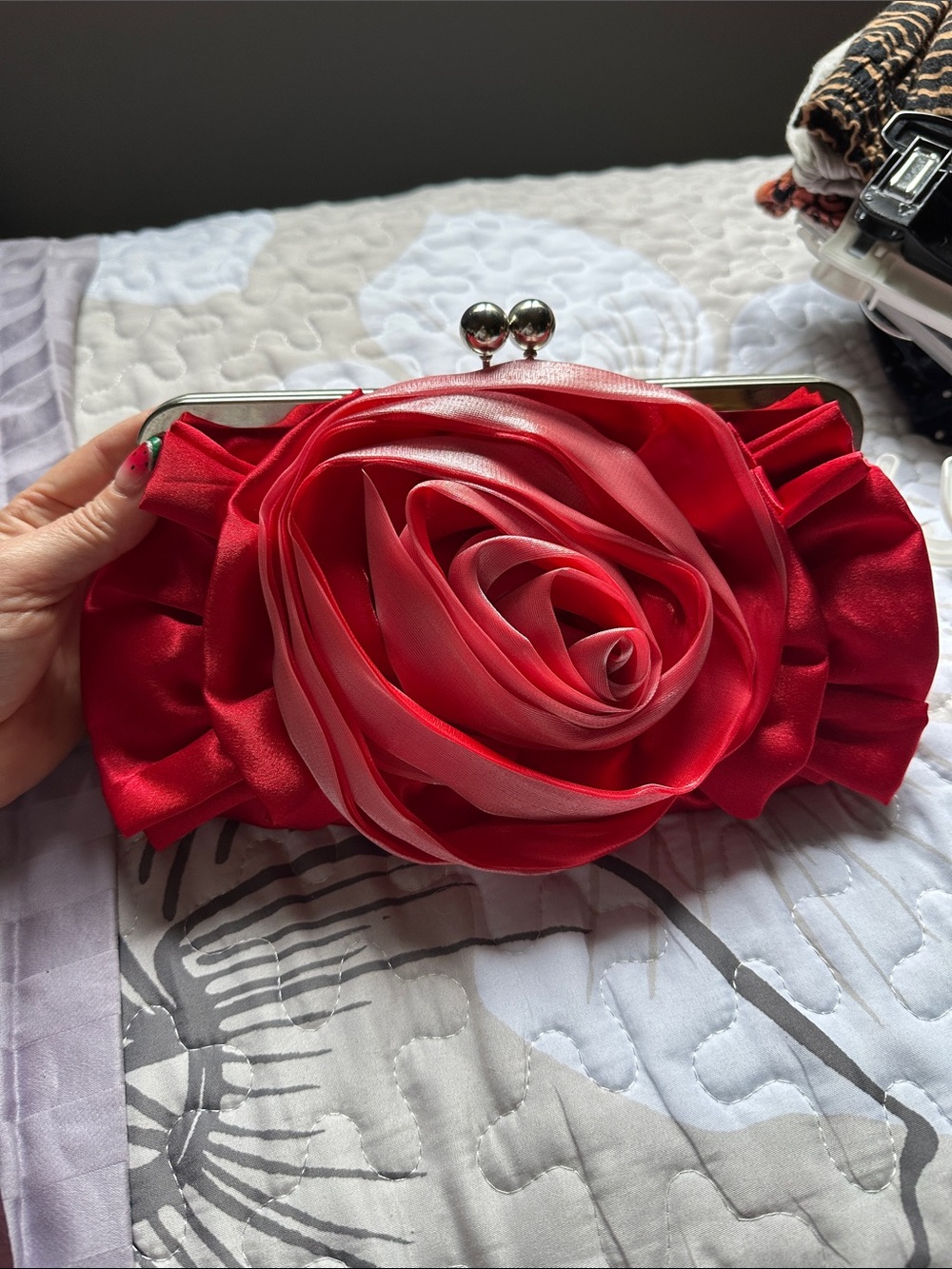 Red Rose-Accent Satin Clutch Bag